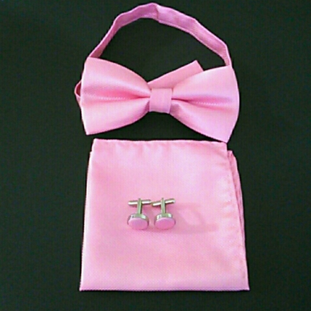 New Pink Bow Tie Pocket Square And Cuff Link Set